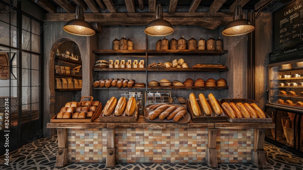 A rustic Spanish bakery with a display of churros and pastries, with traditional tile flooring and wooden shelves