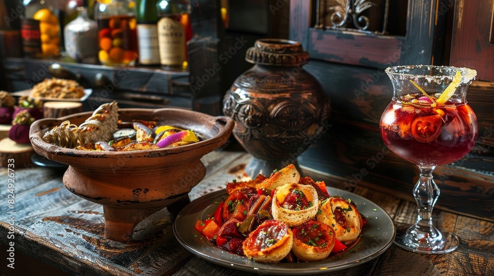 A rustic Spanish tapas bar with an assortment of small dishes and a glass of sangria, with traditional decorations and a lively ambiance