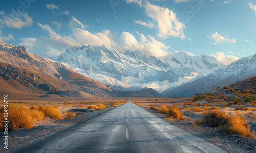 A winding dirt road leading towards sunlit mountain peaks at sunset , Generate AI © VinaAmeliaGRPHIC