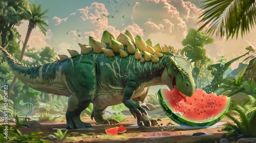 a whimsical scene featuring a green Stegosaurus nibbling on a giant watermelon 