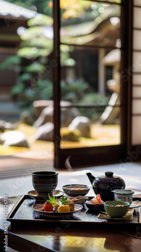 Wallpaper Mural A serene setting of a kaiseki meal with multiple small dishes beautifully arranged on a lacquered tray in a traditional tatami mat room Torontodigital.ca