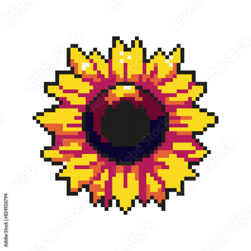 The 8-bit sunflower element in pixel art. The style of a digital vintage game from the 80s and 90s. Vector illustration.