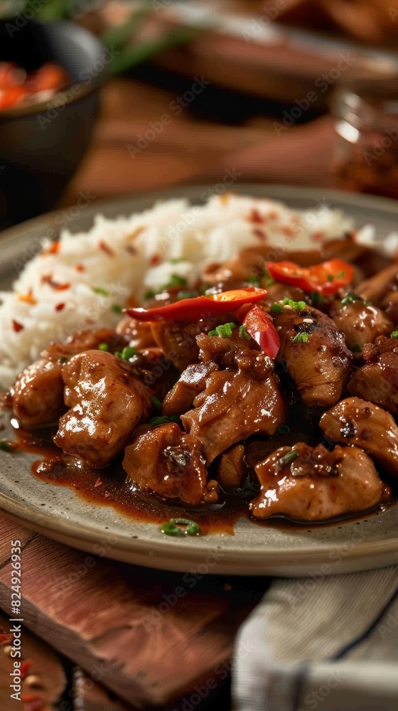 A serving of chicken adobo with tender chicken pieces in a soyvinegar sauce, served with steamed rice in a Filipino home setting A serving of chicken adobo with tender chicken pieces in a soyvinegar sauce, served with steamed rice in a Filipino home setting