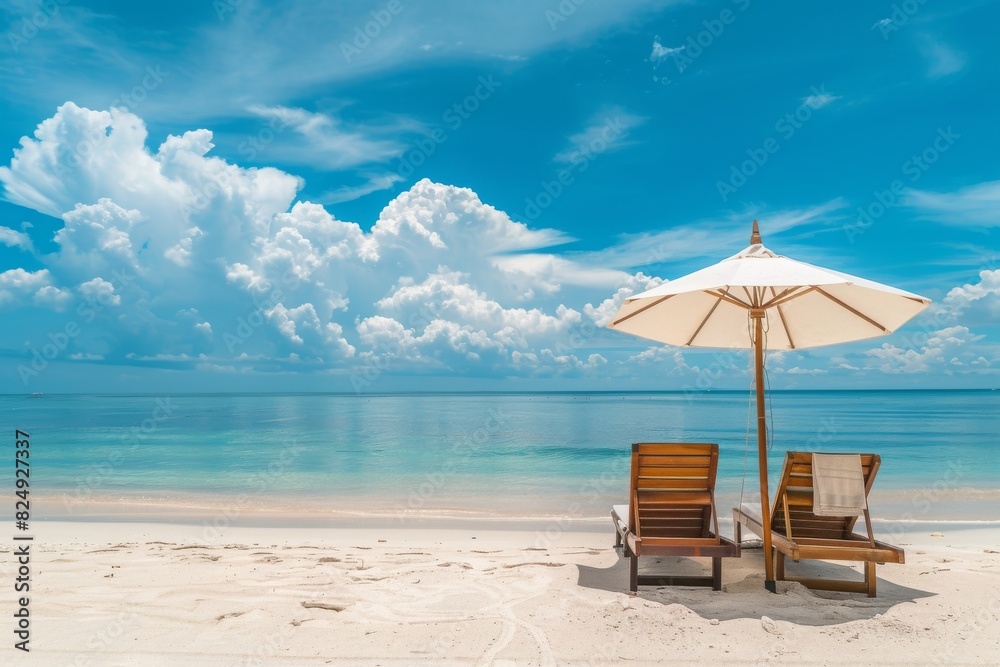 Two outdoor chairs and an umbrella sit on the sandy beach, under the azure sky with fluffy clouds. 
