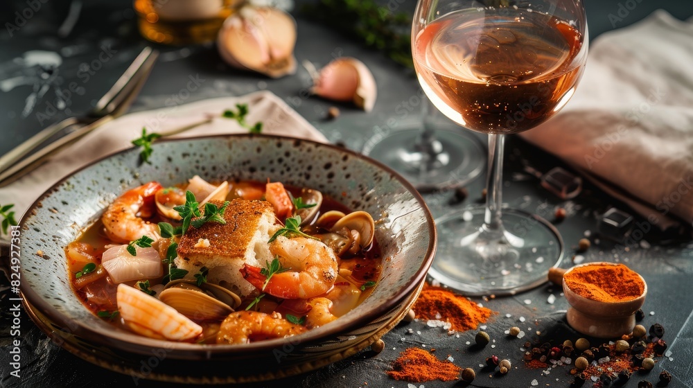 A serving of French bouillabaisse with a glass of rose wine