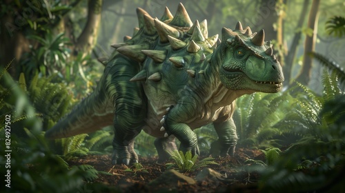 a majestic green Stegosaurus  standing in a lush Jurassic landscape.