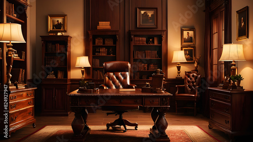 A traditional office setup with wooden furniture, a classic desk, and elegant decor elements Wooden desk and shelves, classic art or photographs on the walls, and warm lighting.