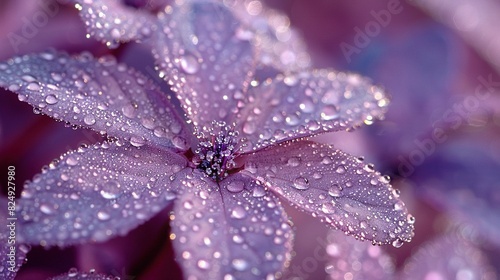  A close-up of a purple flower with droplets of water on its petals and the center of the petals