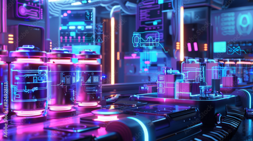 Futuristic neon-lit laboratory with advanced technology, glowing equipment, and vibrant holographic displays in a high-tech environment.