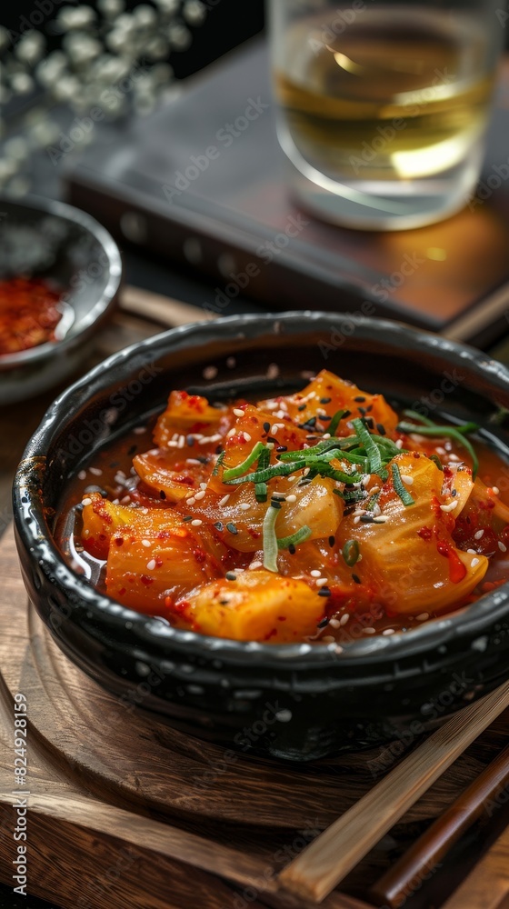 A serving of Korean kimchi stew with a glass of soju A serving of Korean kimchi stew with a glass of soju