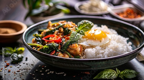 A serving of Thai basil chicken with jasmine rice and a fried egg in a bustling Thai street food market photo