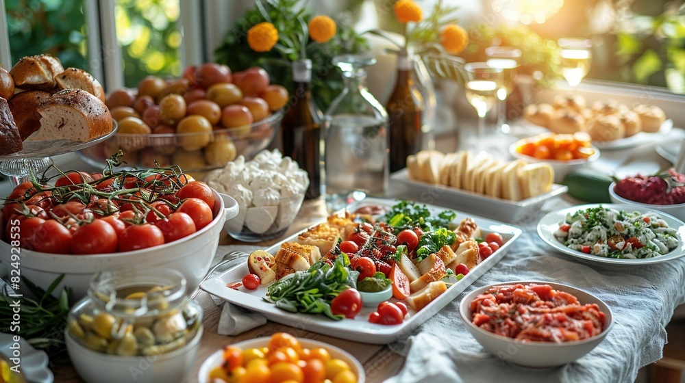   Wooden table, various food types, window in background