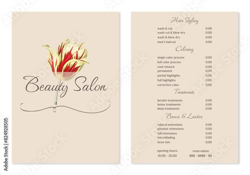 Vector Illustration sticker business card for beauty salon with pricelist and special offer opening hours and phone number for reservation decorated with botanical art texture. A4 printable template