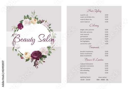 Vector Illustration sticker business card for beauty salon with pricelist and special offer opening hours and phone number for reservation decorated with botanical art texture. A4 printable template