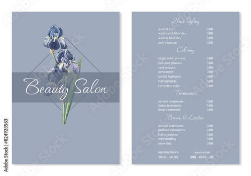 Vector Illustration sticker business card for beauty salon with pricelist and special offer opening hours and phone number for reservation decorated with botanical art texture. A4 printable template