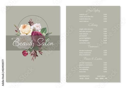 Vector Illustration sticker business card for beauty salon with pricelist and special offer opening hours and phone number for reservation decorated with botanical art texture. A4 printable template
