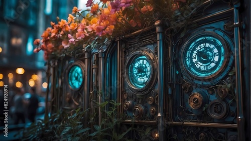 An urban space decorated with intricate mechanical flowers and glowing neon vines.