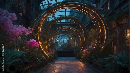 An urban space decorated with intricate mechanical flowers and glowing neon vines.
