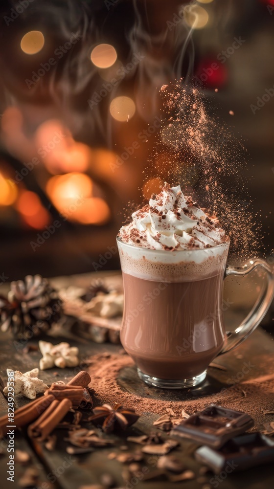 A steaming mug of Swiss hot chocolate with whipped cream and a dusting of cocoa powder by a fireplace A steaming mug of Swiss hot chocolate with whipped cream and a dusting of cocoa powder by a fireplace