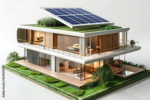 model of a modern eco-friendly home with solar panels, large glass windows and lush green landscaping. Eco-friendly architecture. Ideal Green Living Concept.