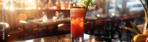 A tall glass of Canadian Caesar with a celery stick and spiced rim, served in a lively brunch setting photo