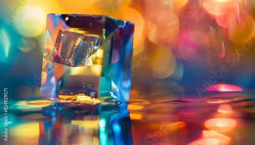 Rainbow Reflections: A Stunning Abstract Closeup of a Glossy Crystal Block on a Blurred Mirror Surfa