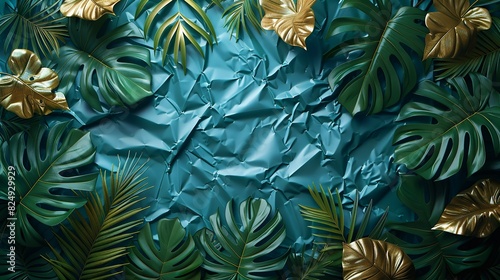 Textures background A modern and abstract background design featuring tropical leaves and foliage plants  highlighted by a wrinkled plastic wrap texture and grunge metal  framed by an instant photo