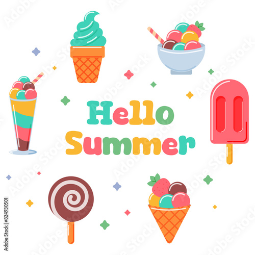 set of sweet Ice-creams, vector illustration. Hello summer