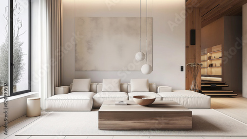 Stylish and modern living room. Sofa  chairs  cushions  art. Real estate  villa  sofa  minimalist room  copy space  mock up