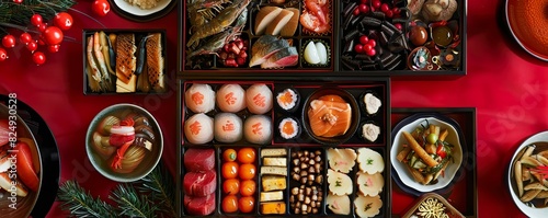 Traditional Japanese New Year's osechi-ryori meal arranged neatly in lacquer boxes, showcasing various seasonal dishes photo