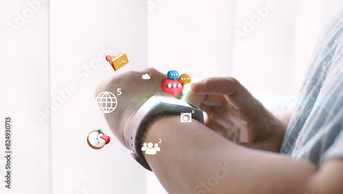 Social media icons on watchphone. Media marketing concept..