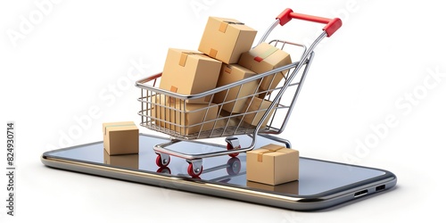 Several parcel boxes are placed in shopping cart and floating in air around and has pin in middle and all objects on smartphone,vector 3d isolated on white background for delivery and online shopping