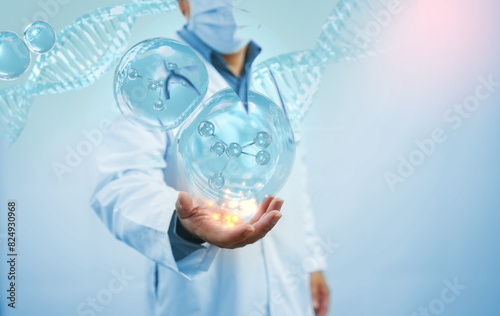 Doctor holding molecule inside liquid bubble. skincare cosmetics
