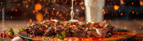 A traditional Turkish kebab with a glass of ayran photo