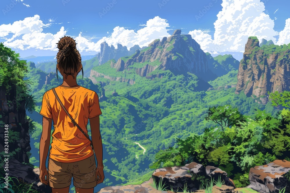 Naklejka premium Person Standing in Front of Mountain