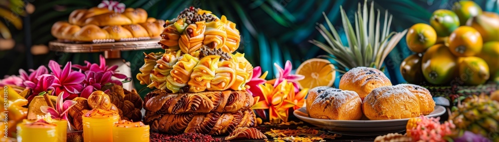 A vibrant Filipino bakery with a colorful selection of ensaymada and hopia, set against a festive backdrop with tropical decor