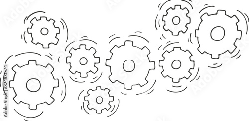 Hand drawn cartoon gear wheels. Vector illustration, doodle style.

