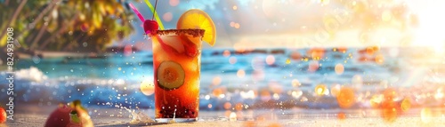 A vibrant glass of Jamaican rum punch with a colorful straw and tropical fruit garnish on a beach