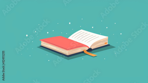 Vector illustration of an open book with a bookmark on a teal background, symbolizing knowledge, learning, and adventure in reading.