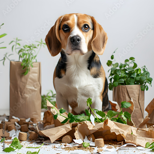 Naughty beagle dog with torn paper and overturned houseplant sitting in messy living room isolated on white background, studio photography, png 
