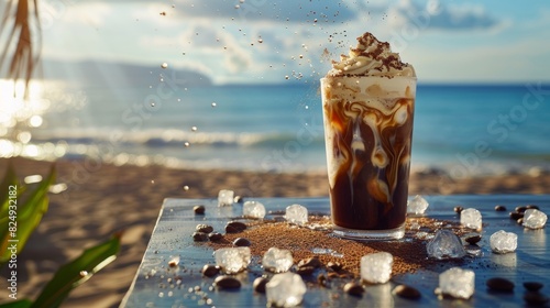 A vibrant Greek frappe with frothy coffee and ice cubes, served on a beachside cafe table photo