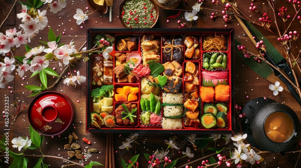 A vibrant Japanese bento box filled with assorted snacks, arranged on a traditional wooden table, with delicate cherry blossoms in the background A vibrant Japanese bento box filled with assorted snacks, arranged on a traditional wooden table, with delicate cherry blossoms in the background