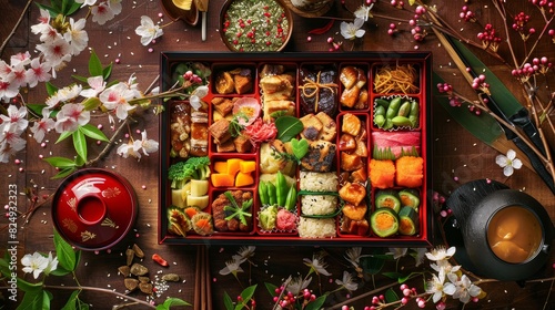 A vibrant Japanese bento box filled with assorted snacks, arranged on a traditional wooden table, with delicate cherry blossoms in the background