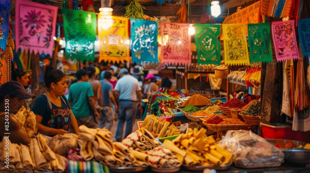 A vibrant Mexican market stall selling fresh tamales, with colorful papel picado decorations and bustling marketgoers in the background
