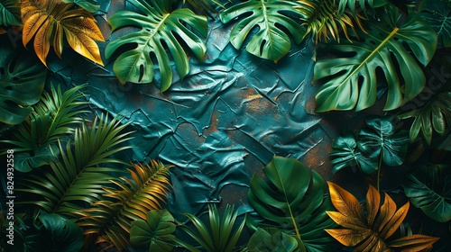 Textures background An artistic background featuring tropical foliage plants and leaves  set against a grunge metal texture with accents of wrinkled plastic wrap  enclosed within an instant photo