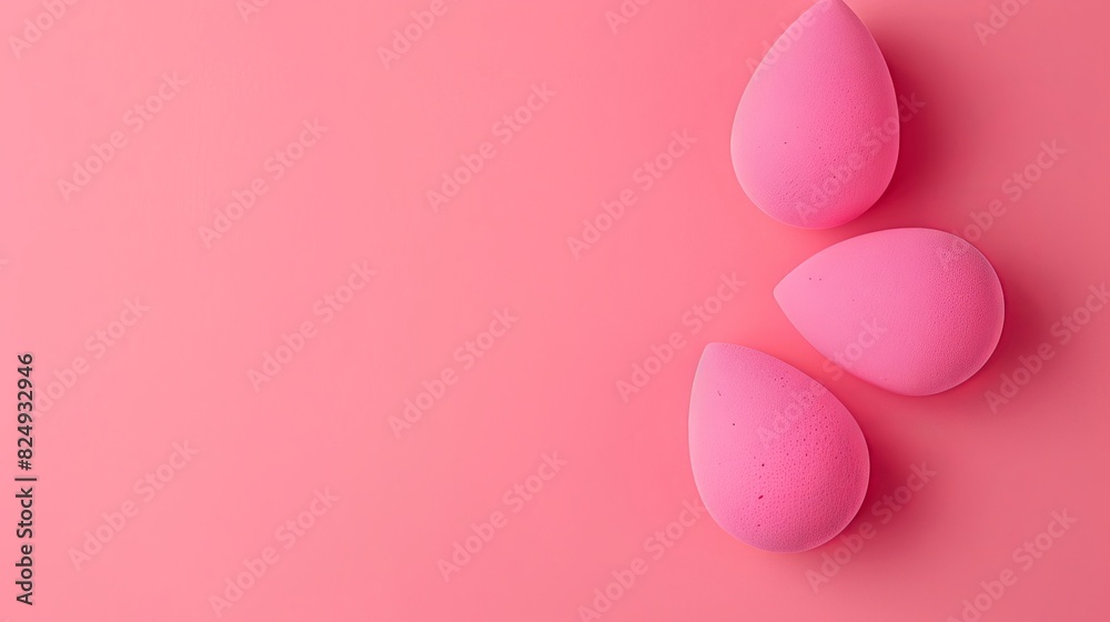 A beauty blender is showcased on a pink background, surrounded by bright sponges for makeup cosmetics. This arrangement represents makeup products and embodies the beauty concept. A beauty blender is showcased on a pink background, surrounded by bright sponges for makeup cosmetics. This arrangement represents makeup products and embodies the beauty concept.