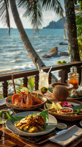 A vibrant scene of a Thai beachside restaurant with a table set with various seafood dishes and fresh coconut drinks, overlooking the ocean