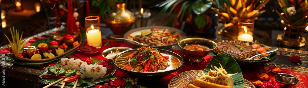 A vibrant scene of a traditional Thai new year celebration with tables set with various Thai dishes and festive decorations