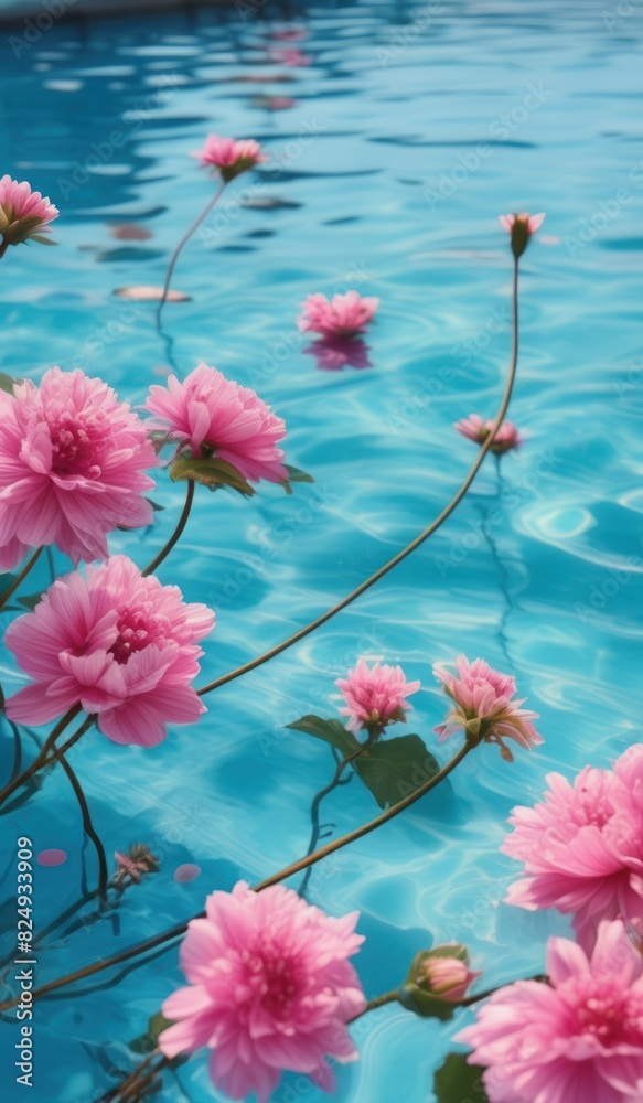 Floral Harmony Pink Flowers Enhancing the Beauty of a Blue Pool