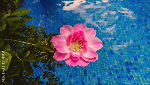 Floral Harmony Pink Flowers Enhancing the Beauty of a Blue Pool